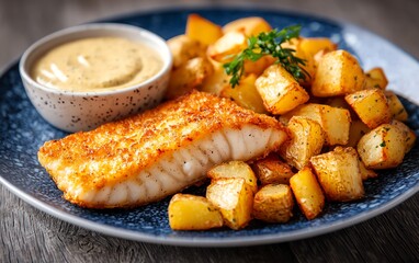 Hamburgstyle Pannfisch, crispy fried fish served with mustard sauce and panfried potatoes, presented on a seablue plate with maritime decorations