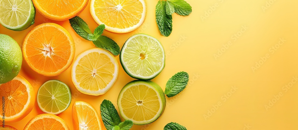 Fototapete summer citrus fruits like orange tangerine lemon and lime with mint leaves on a yellow background cr