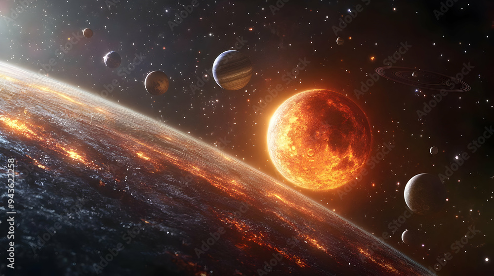 Poster a fiery planet in a star system with multiple other planets and a ringed planet.