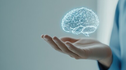 A hand reaches out towards a floating digital brain network, representing the intersection of technology and human intellect in a contemporary context