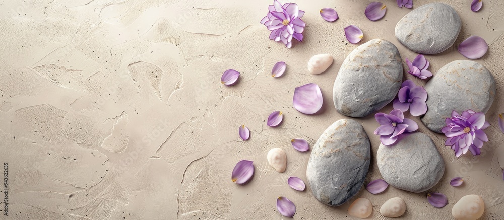 Fototapete product display scene with purple petals and stones on a neutral beige background ideal for showcasi