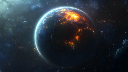 Fototapeta premium A fiery planet in deep space with a starry background.