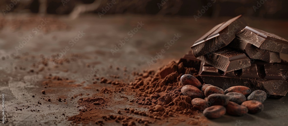 Leinwandbilder dark chocolate cocoa beans and powder displayed on a concrete table with copy space image