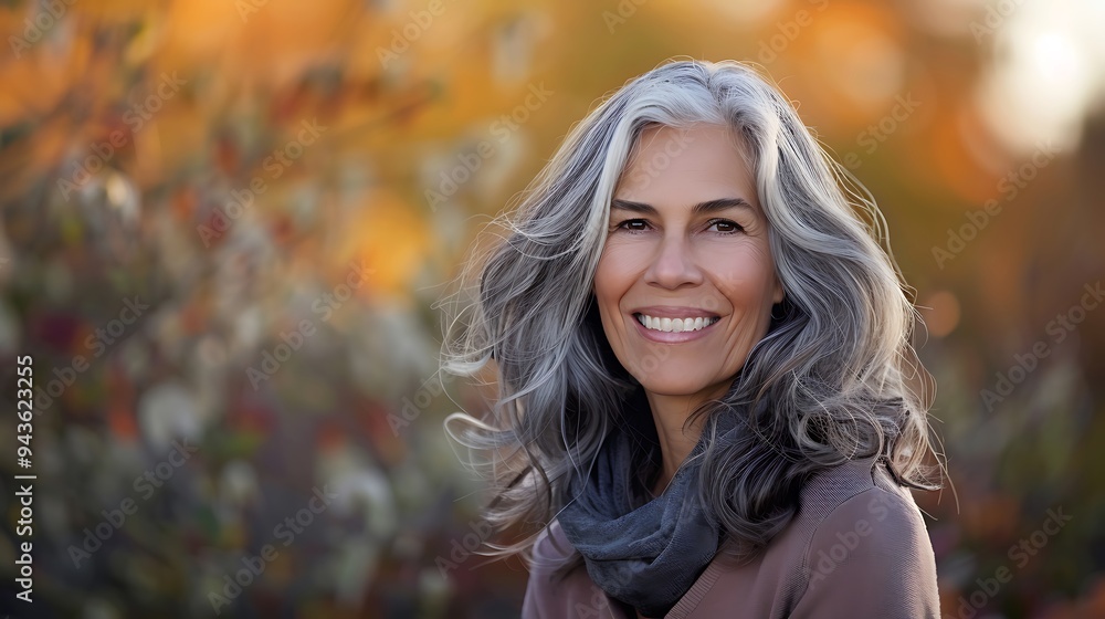 Sticker A smiling woman with gray hair, wearing a scarf, set against a blurred autumn background.