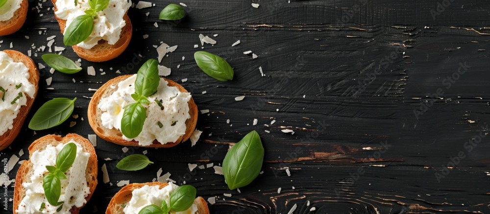 Aufkleber a black wooden table adorned with slices of bread topped with cream cheese and basil offering a vaca