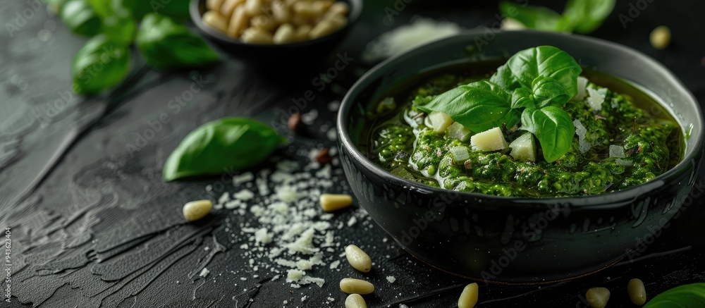 Poster on a black table there is a bowl of delicious pesto sauce with pine nuts cheese and basil providing 