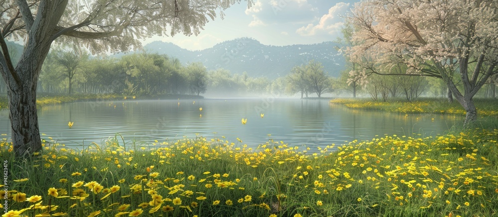 Poster yellow blossoms are starting to open in the charming meadow creating a breathtaking view against the