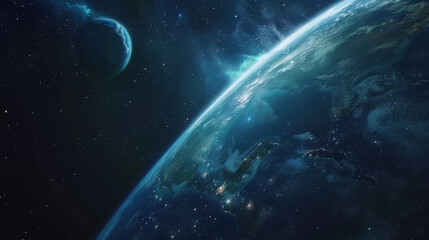 Fototapeta premium Pan across the cosmic expanse to unveil a distant, vibrant Earth, glowing softly in hues of blue and green against the dark void of space.