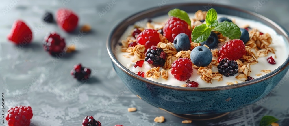 Poster closeup shot of a bowl of delicious granola with yogurt and berries on a textured grey table perfect