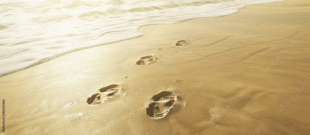Poster footsteps patterns on a sandy beach provide a picturesque backdrop with ample copy space image