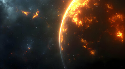 Obraz premium A fiery planet in space, glowing with orange flames.