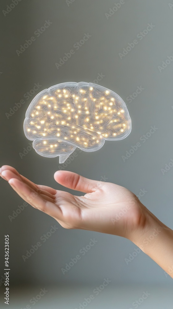 Poster a hand reaches out towards a floating digital brain network, representing the intersection of techno