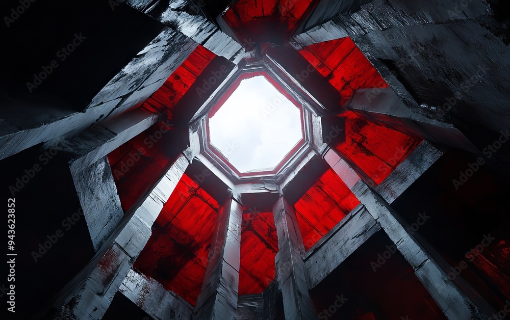 Poster a dramatic view from below an octagonal structure with red accents, showcasing unique architectural 