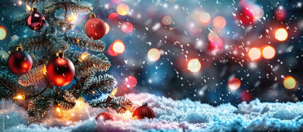 Poster festive christmas themed background featuring snow a decorated fir tree and ornaments with twinkling