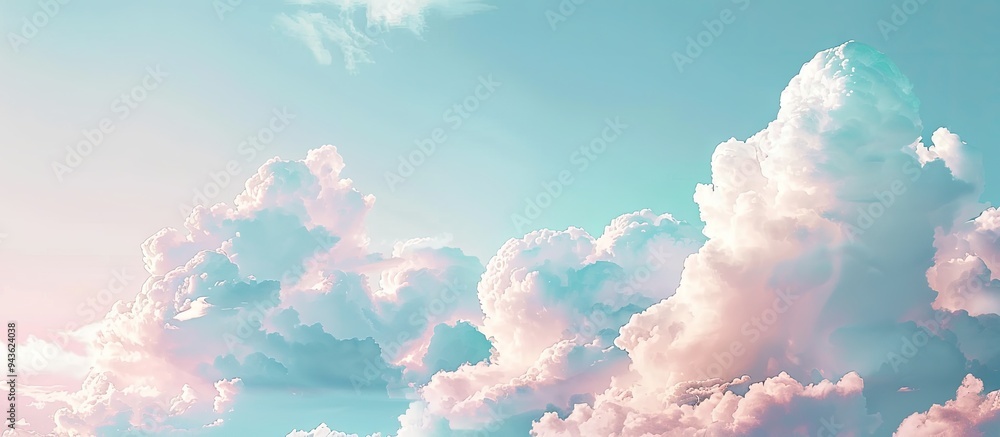 Aufkleber Soft pastel clouds on a blue sky provide a dreamy paradise concept with open copy space for a banner on a real sky background Displayed as a poster with clouds