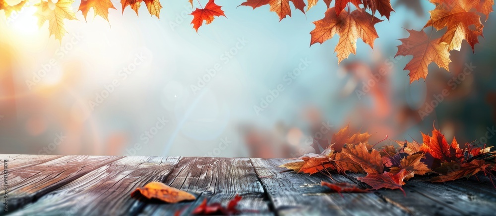 Poster Nature background featuring autumn leaves on a wooden plank with copy space image