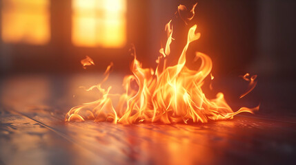 Fototapeta premium Flames Dancing on a Wooden Floor with a Warm Background