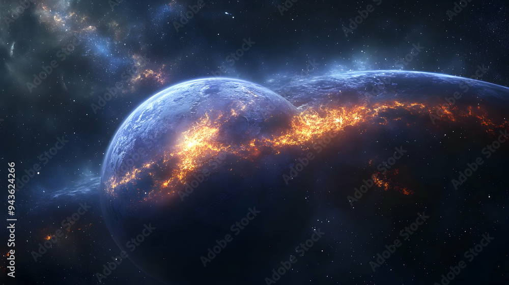 Poster a fiery planet in the vastness of space with stars and a galaxy behind it.