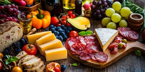 Delicious gourmet feast with cheese, cured meats, fruits, and fresh vegetables on a rustic wooden table.