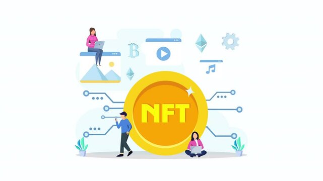 NFT non fungible token, digital crypto art blockchain technology, 2d video animation 4k clip.