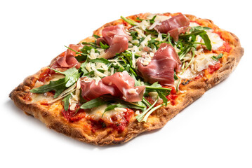 Pinsa condita con prosciutto crudo, parmigiano, rucola, sugo e mozzarella, cibo italiano