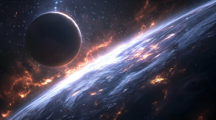Obraz premium A fiery planet in the vastness of space, with a dark, mysterious moon in the distance.