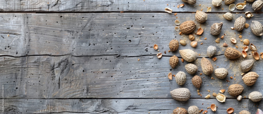 Leinwandbilder peanuts with shells arranged on a weathered gray wooden surface with available copy space image
