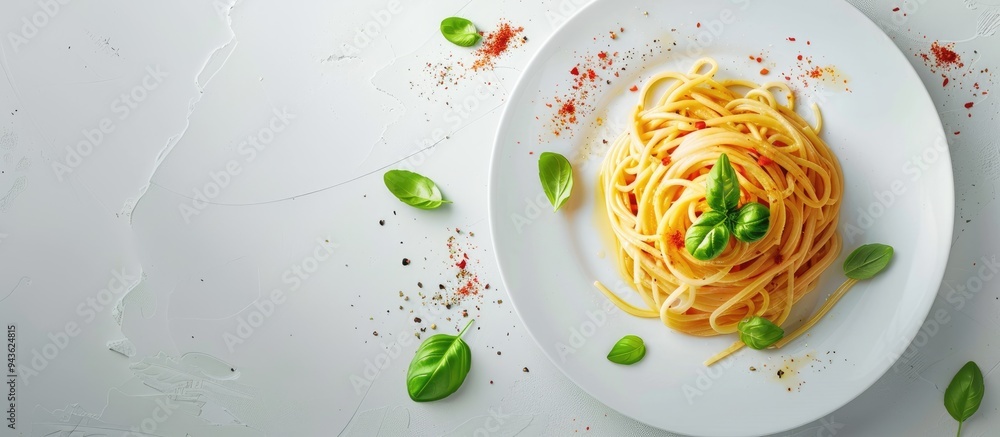 Aufkleber a packshot of spaghetti topped with basil on a white plate ideal for articles recipe books and desig