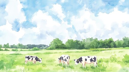 Fototapeta premium A serene landscape featuring cows grazing in a lush green field under a bright blue sky filled with fluffy clouds.