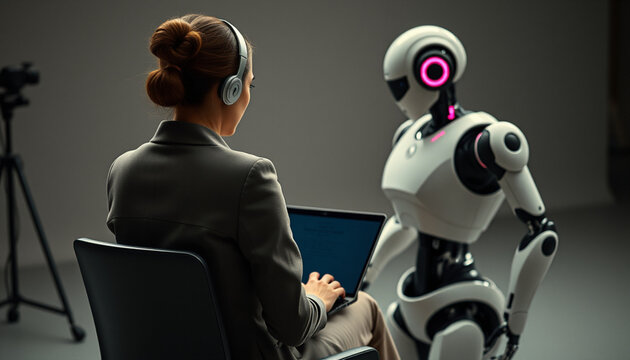 Businesswoman in Elegant Suit Sitting Next to White and Pink Robot Cyborg in Studio - AI vs People Employment Concept