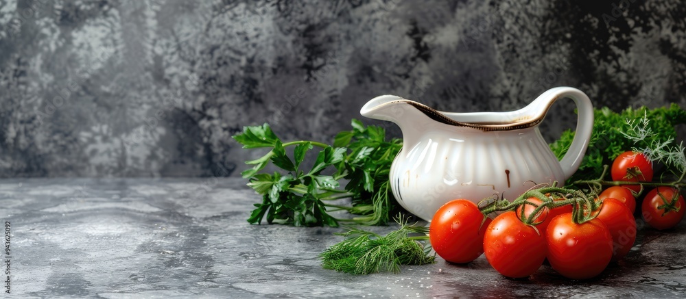 Poster gray textured table with balsamic vinegar in a gravy boat tomatoes parsley and dill featuring a copy