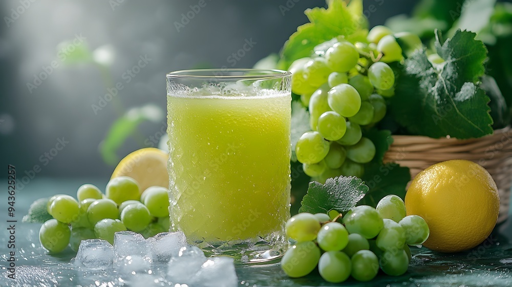 Aufkleber fresh organic grape juice in glass with grapes and lemon on rustic background