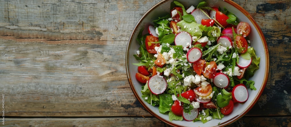 Aufkleber fresh vegetable salad with radish and feta cheese in a bowl on a wooden background ideal for copy sp
