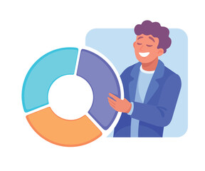 Business Process with Man with Pie Chart Busy with Analytics Vector Illustration