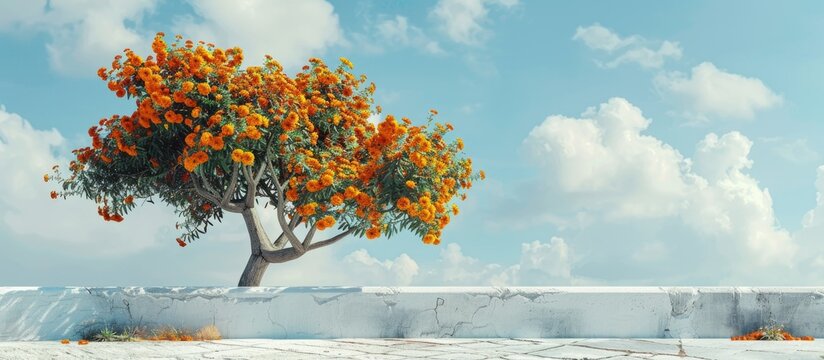 Marigold tree on a rooftop with orange flowers provides a captivating copy space image - Powered by Adobe