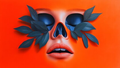 Obraz premium A striking surreal portrait with enhanced features, blending beauty and nature on a vibrant orange background.