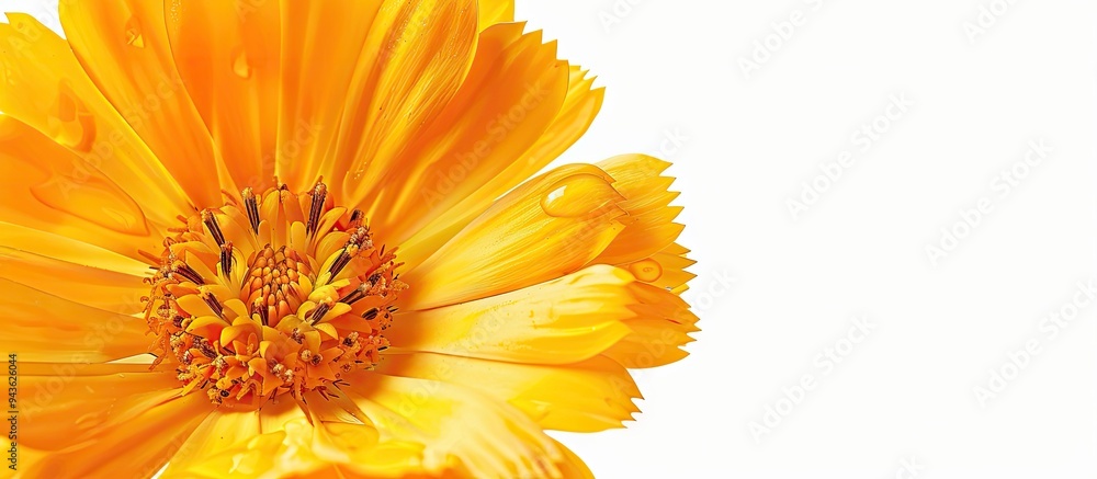 Poster a close up of a calendula flower in yellow orange hues against a pure white backdrop with copy space
