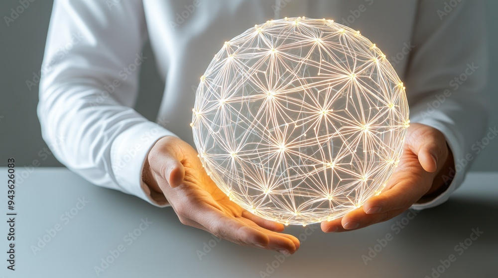 Poster a man extends his hands forward, displaying a digital sphere made of interconnected dots and lines t