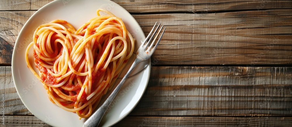 Poster top view of a heart shaped spaghetti dish with a fork on a wooden table offering a copy space image