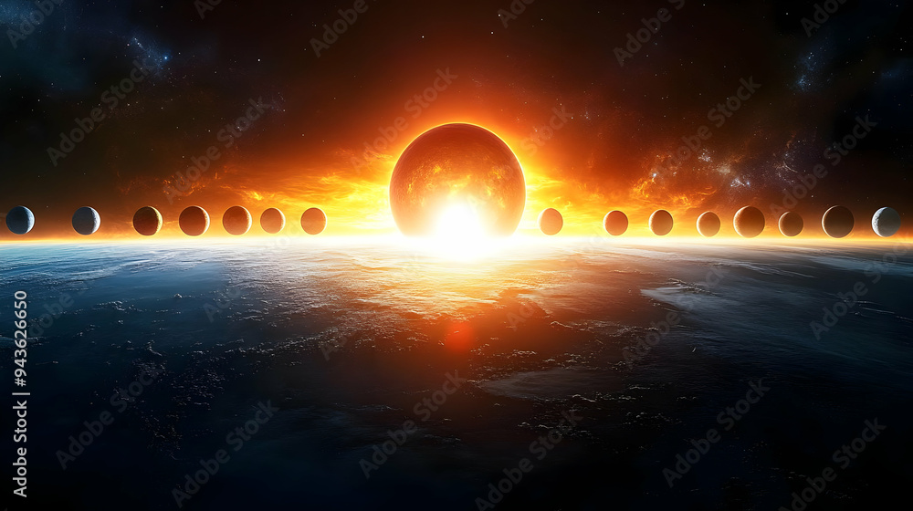 Poster a fiery planet with a glow emanating from its center, surrounded by a row of planets in a dark space