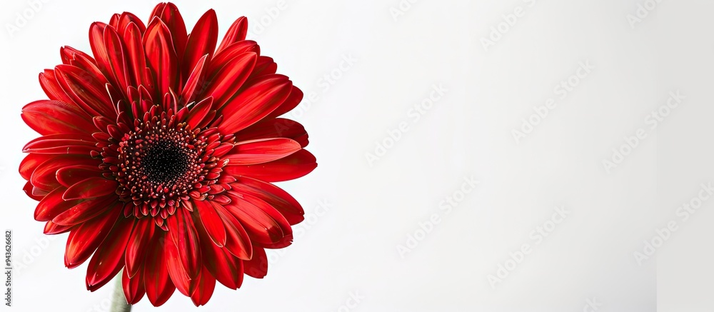 Poster close up studio photograph of a vibrant red gerbera flower on a white background with copy space ima