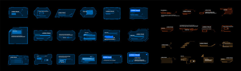 Blocks and frames. Big vector set with frames and pointers. Modern technological frames and windows for the HUD user interface. Text windows with information and data. Vector templates with frames