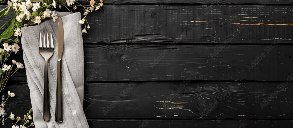 Poster Top view of a chic table setting with cutlery flowers and a napkin on a black wooden surface perfect for adding text with copy space image