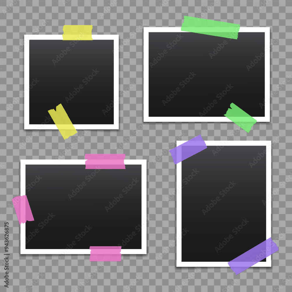 Poster vector blank photo frames with transparent adhesive tape isolated on transparent background. templat