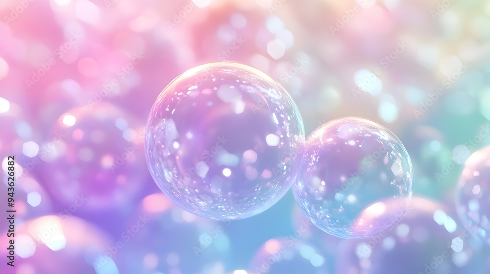 Poster iridescent glowing bubbles floating in vibrant gradient swirls and colorful fluid movement