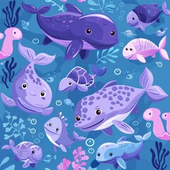 Fototapeta premium Cute Cartoon Sea Life Underwater