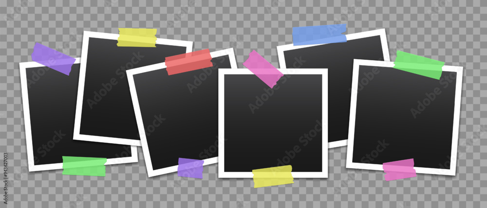 Poster vector blank photo frames with transparent adhesive tape isolated on transparent background. templat