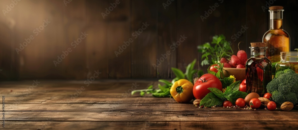 Poster A selection of fresh products on a wooden table perfect for promoting gut health Ideal for adding text with a copy space image