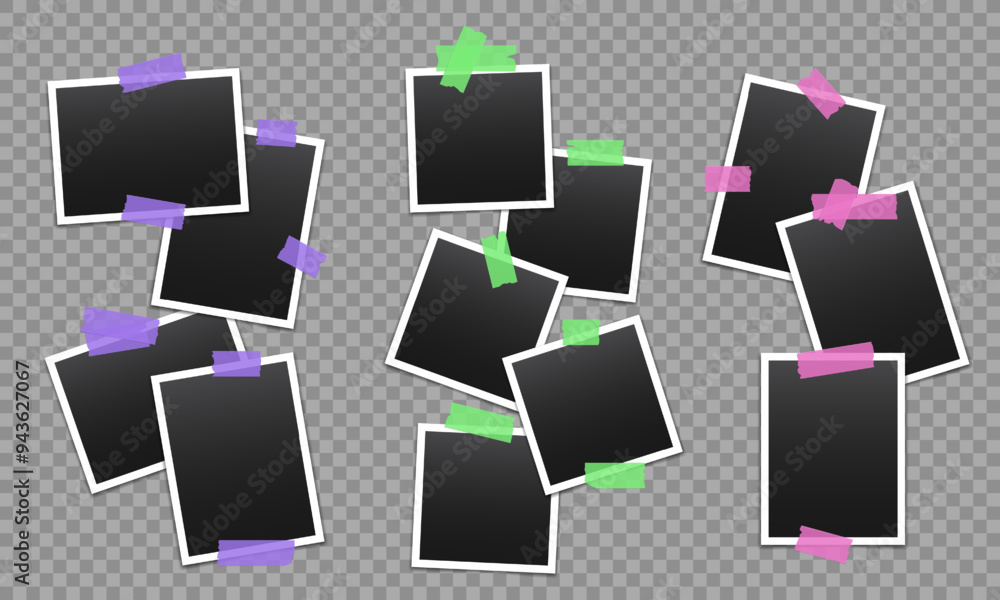 Poster vector blank photo frames with transparent adhesive tape isolated on transparent background. templat