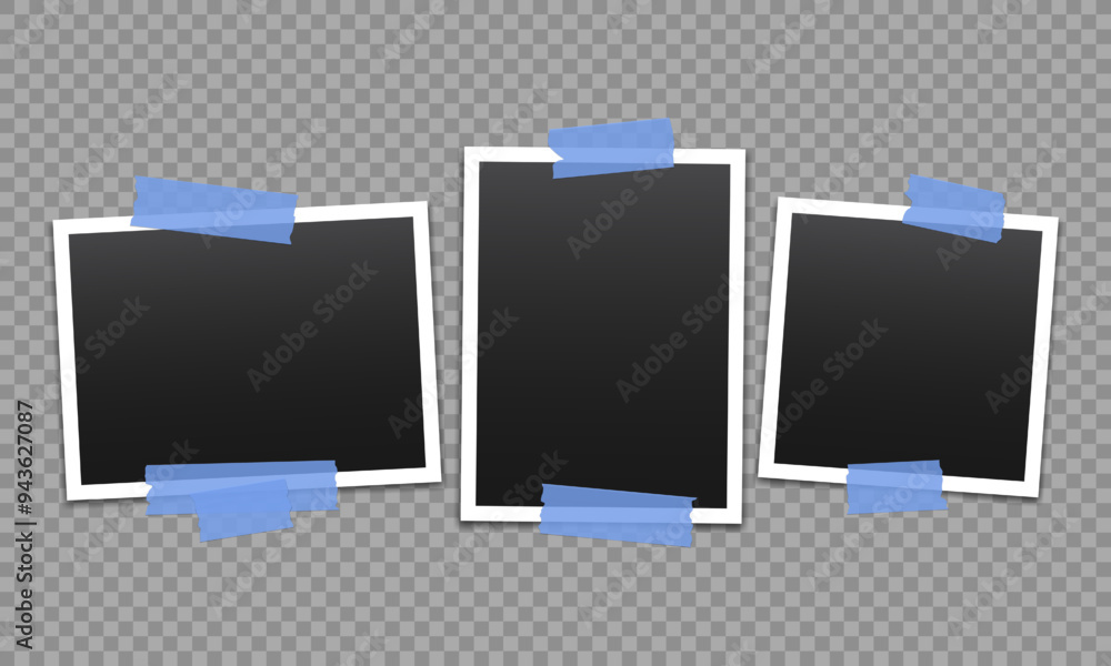 Poster vector blank photo frames with transparent adhesive tape isolated on transparent background. templat